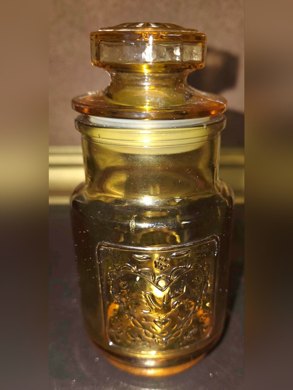 Retro Wheaton Glass Amber Apothecary Jar Embossed Heart & Fish Design 4.75"